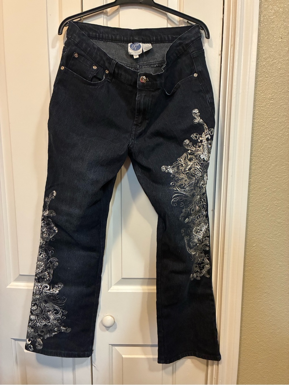 DG2 by Diane Gilman Dark Wash Boot Cut Jeans with Silver Floral Embroidery
